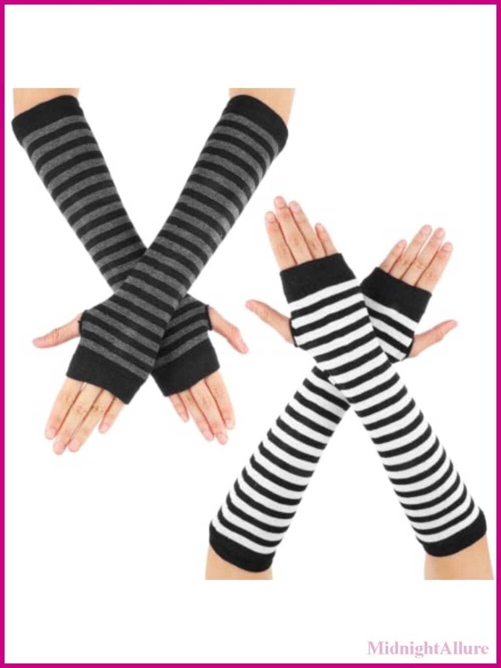2 Pairs Striped Arm Warmers Long Fingerless Gloves Punk Gothic Women